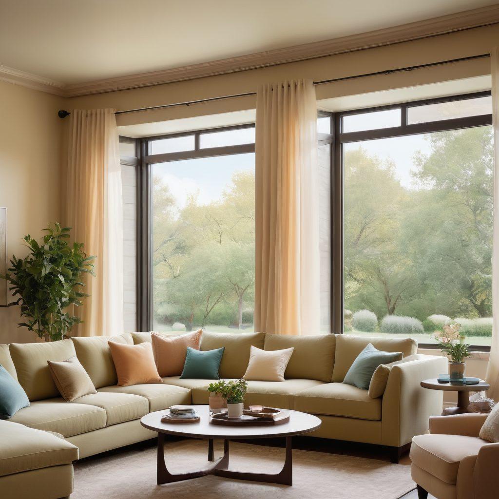 A serene and inviting living space that seamlessly combines elements of home, health, and auto insurance. Illustrate a cozy living room with a family enjoying peace of mind, surrounded by icons representing home, health, and auto coverage—like a secure house, a stethoscope, and a car. Incorporate warm colors to evoke tranquility and security. super-realistic. vibrant colors. soft-focus background.